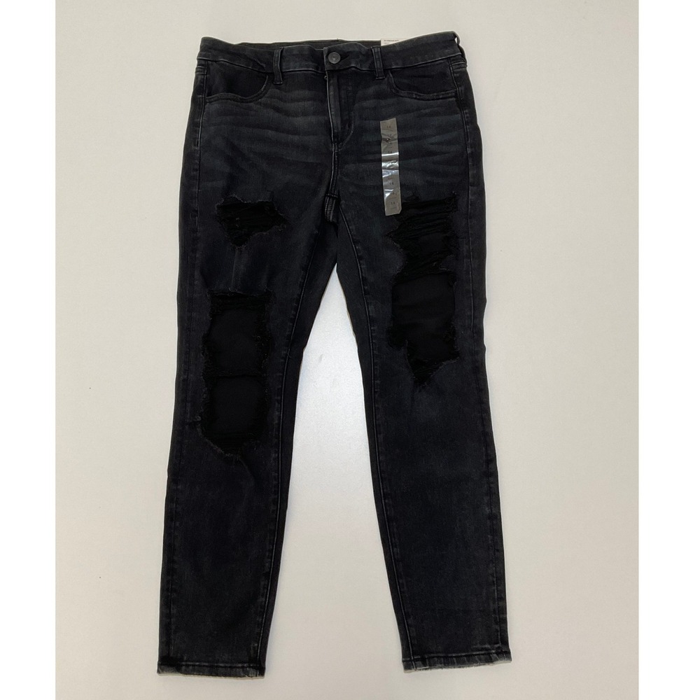 American Eagle Womens Forever Soft Jegging Black Distressed Jeans 14 Short